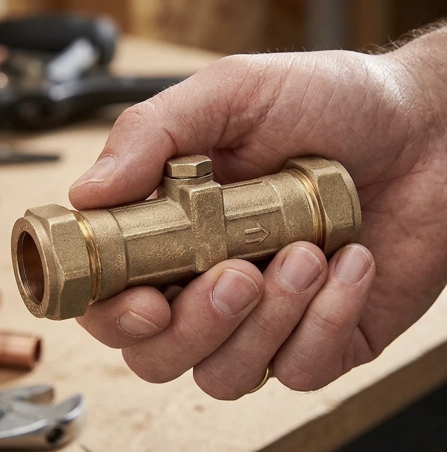 Non-return valve fitted to copper pipe under a sink